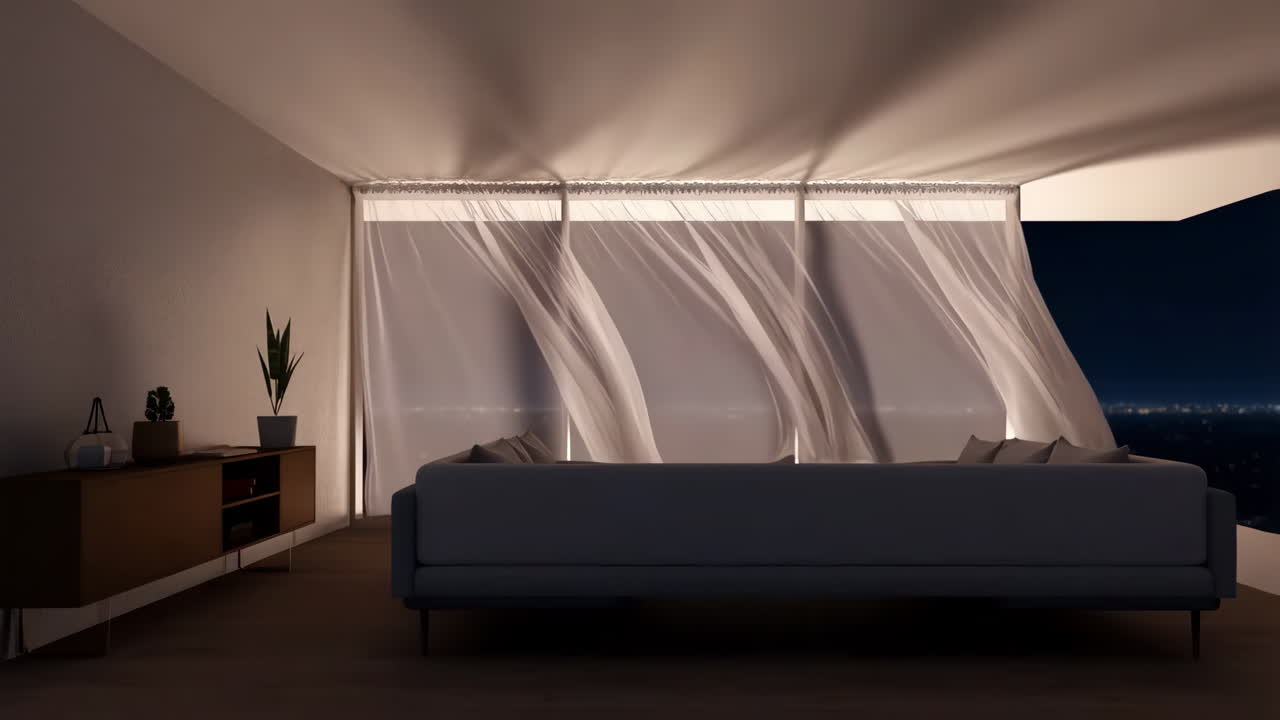Modern Living Room Interior at Night with Sheer Curtains