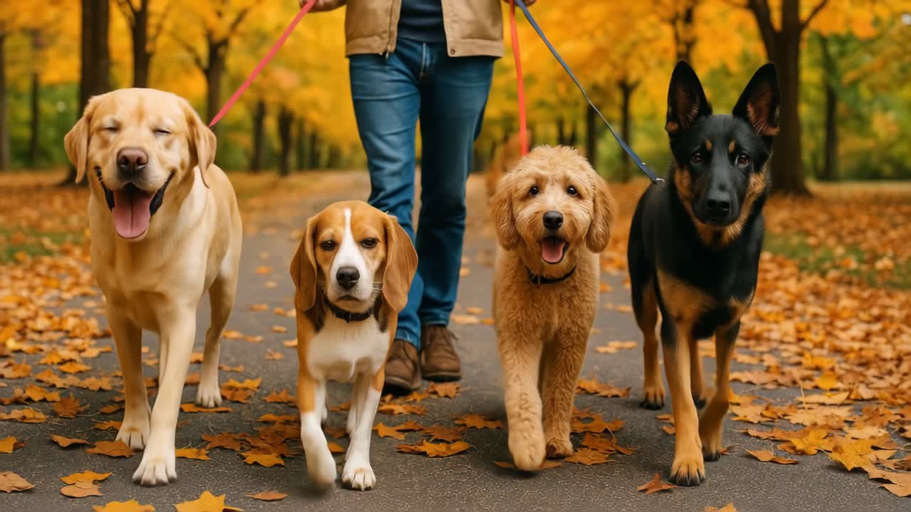 Low-angle video frame of a person walking four dogs on a leaf-covered path in autumn