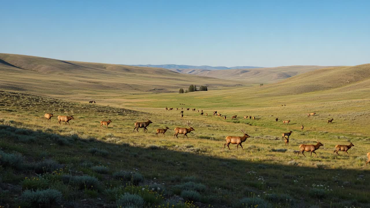 A Herd of Majestic Elk Grazing in a Serene Valley at Sunset, Showcasing the Beauty of Nature and Wildlife in a Tranquil Landscape