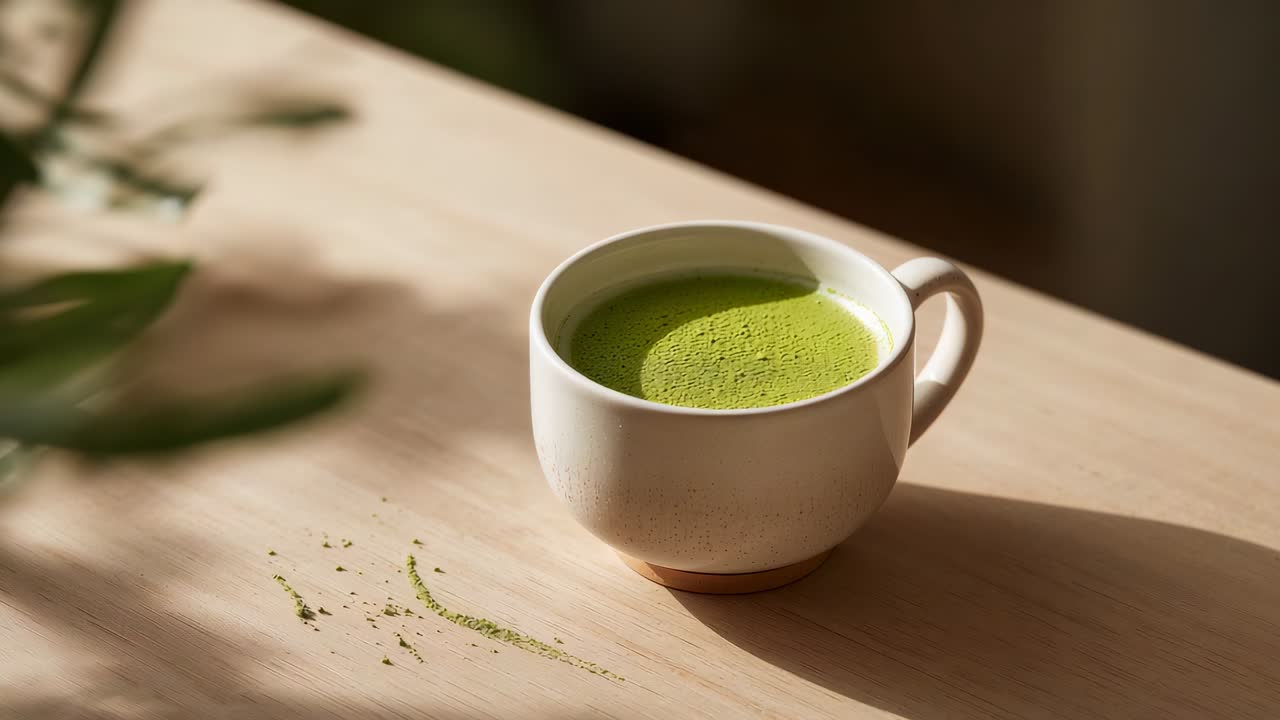 Panning camera starting, moving around white ceramic cup on kitchen table, revealing matcha powder