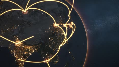 bucle de red global de primer plano - versión de la tierra de la noche naranja