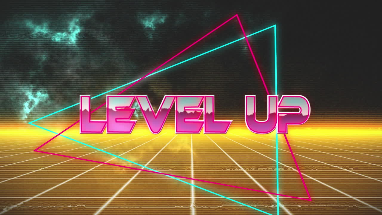 구름과 오렌지 사각형 위의 레벨 업 텍스트의 애니메이션