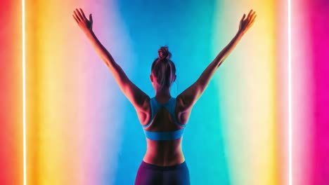 woman in sports bra with arms up in front of neon lights