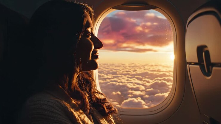 Mulher assistindo ao pôr do sol da janela do avião