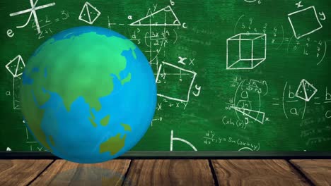animación digital de un globo giratorio sobre una superficie de madera en comparación con ecuaciones y diagramas matemáticos