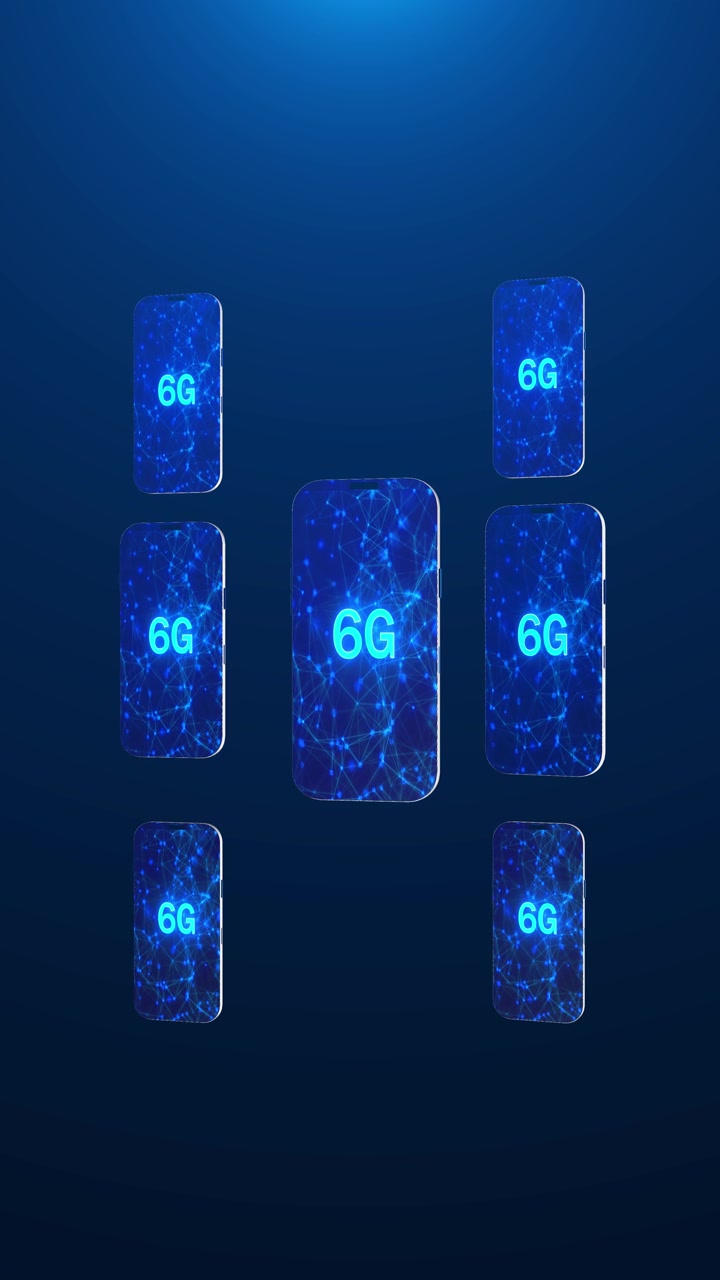 Six g smartphone network concept with multiple glowing mobile screens blue node graphics and dark