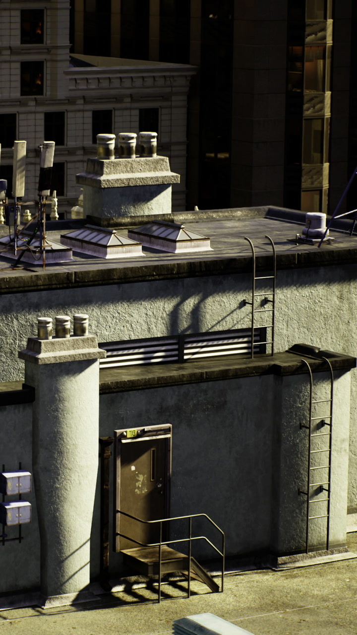 Urban rooftop oasis showcases architectural details and sunlight at dusk