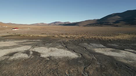 laguna colorada, bolivian andean cordillera wetland, white birds fly above brown sediments, andean cordillera travel destination, aerial view