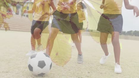 Animation-of-leaves-and-sunlight-over-legs-of-diverse-schoolgirls-playing-football-in-sports-field