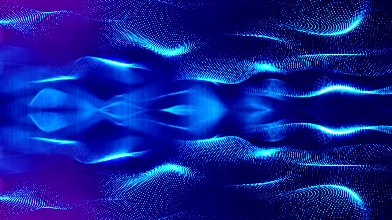 Particles form line, surface grid or mysterious virtual space. 3d seamless animation as digital science fiction background of glowing particles with depth of field, bokeh. Blue strings 10