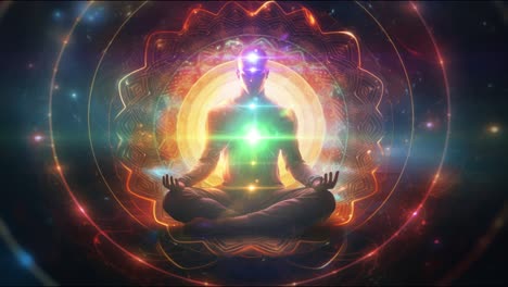 meditating person with glowing seven chakras on a cosmic energy background