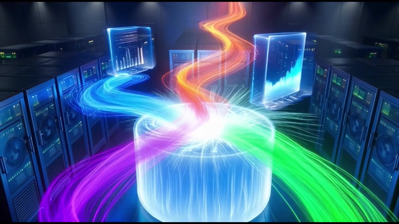 Flusso e visualizzazione dei dati in una sala server futuristica