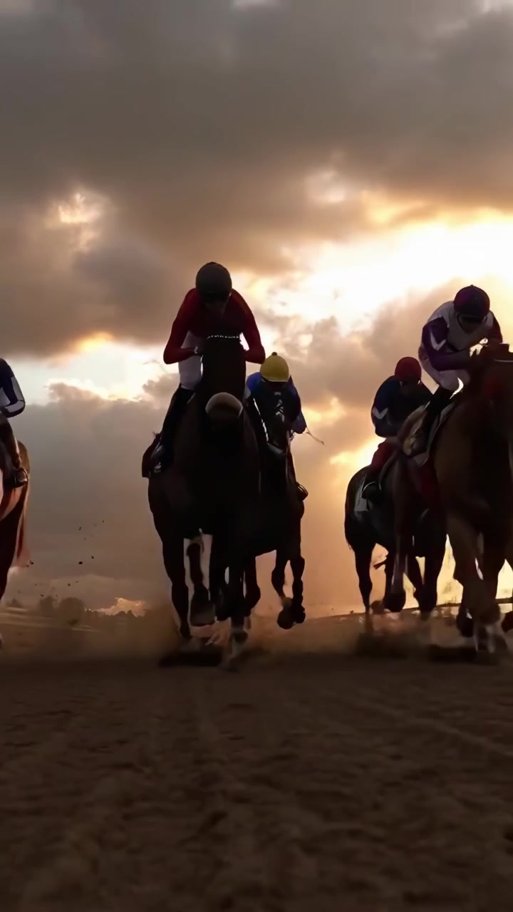 Cavalli da corsa e fantini che galoppano su una pista sterrata al tramonto