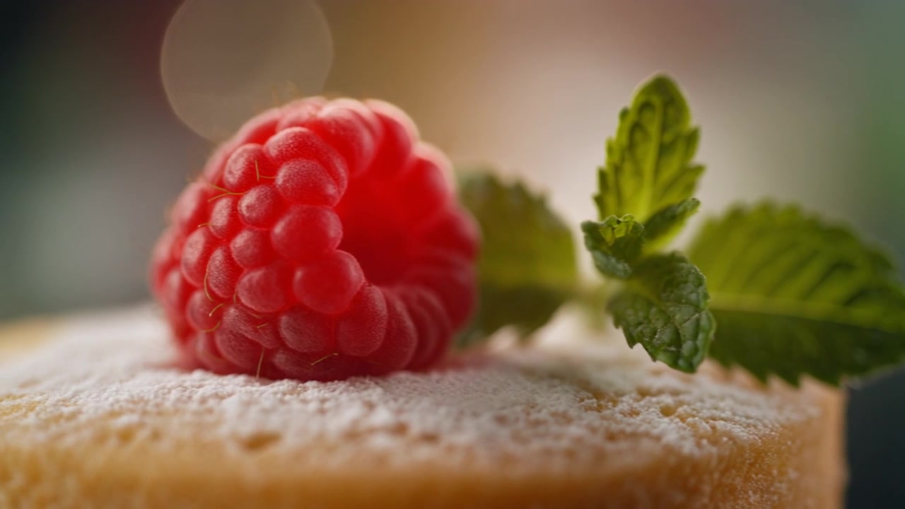 Fresh Raspberry and Mint Leaf on a Powdered Sugar Cake