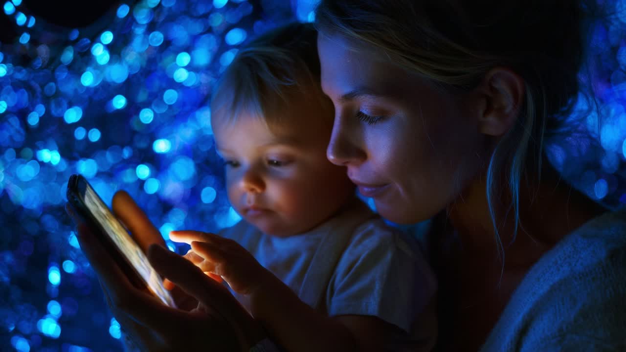 A mother and child share a serene moment together, captivated by the glowing screen of a mobile device, surrounded by a mesmerizing blue backdrop of shimmering lights