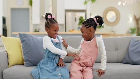 kids, play and couch in a home with poke