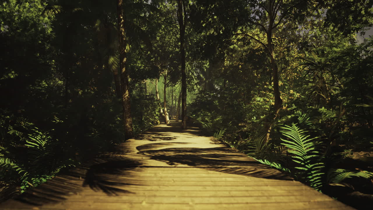 Exploring a wooden path through a lush tropical forest in bright sunlight