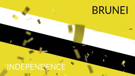Animation-of-brunei-independence-text-over-yellow,-black-and-white-lines