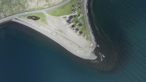 Aerial-above-Mjoeyri-peninsula-with-traditional-Icelandic-cabins