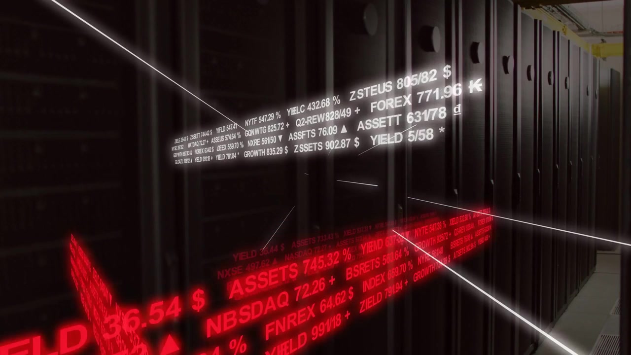 Data feed arriving, camera gliding through racks with white and red tickers visualizing market flow