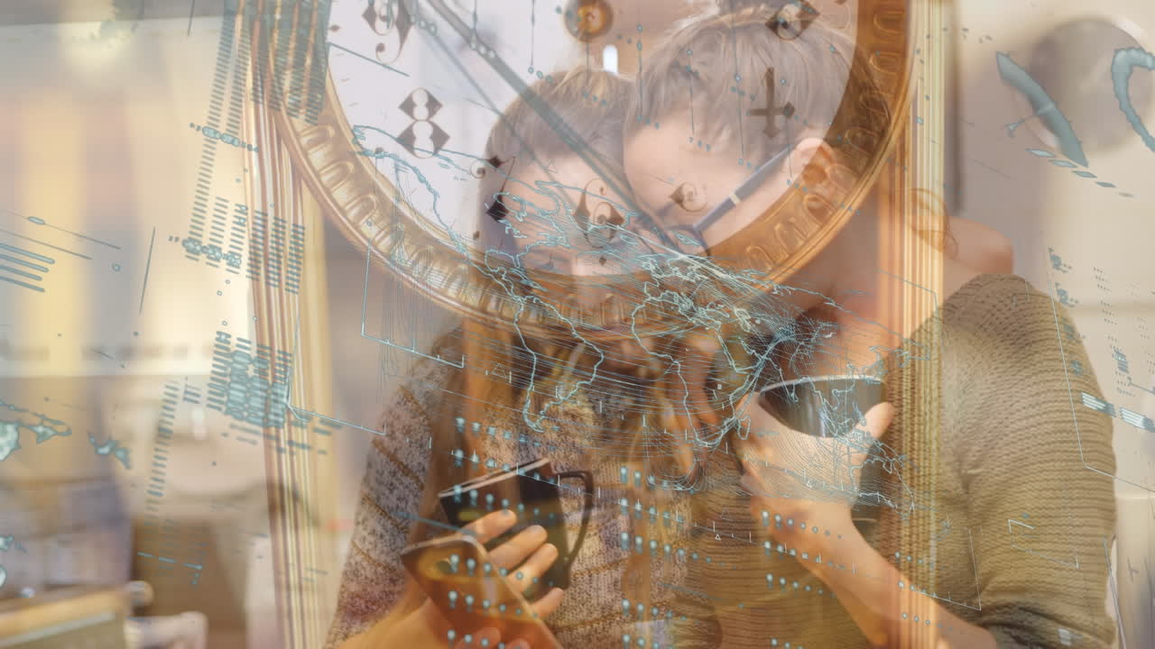 코로나 바이러스 세포의 애니메이션을 영화에서 사람들 위에 올려놓습니다.