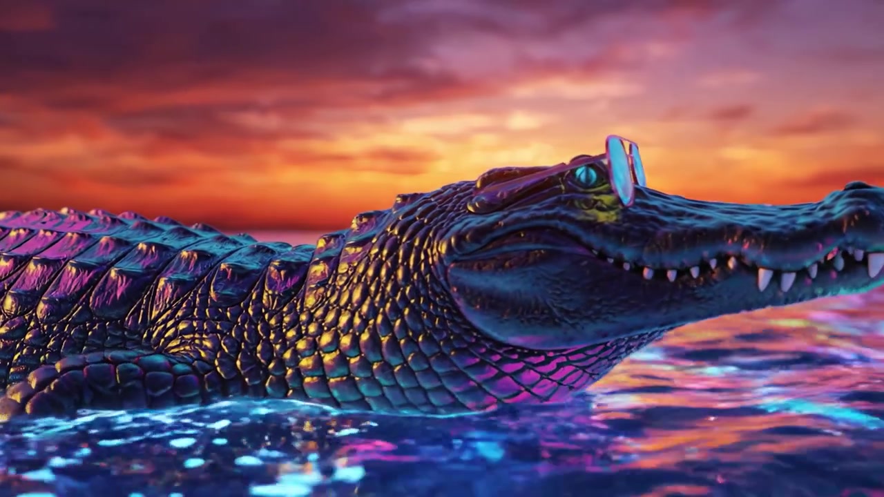 Una scena di tramonto colorato con un elegante alligatore che nuota con grazia in acque luminose, mettendo in mostra luci vibranti e un'atmosfera artistica da ammirare per tutti