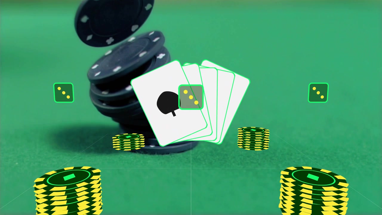 Carte a ventaglio che rimangono centrate mentre le fiches a destra cadono, e dadi verdi che fluttuano formando pile da casinò.