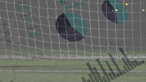 graphs and charts animation over soccer goal net on field