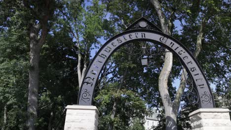 Weber-Arch-on-the-campus-of-Northwestern-University-in-Evanston,-Illinois-with-video-panning-left-to-right-in-slow-motion