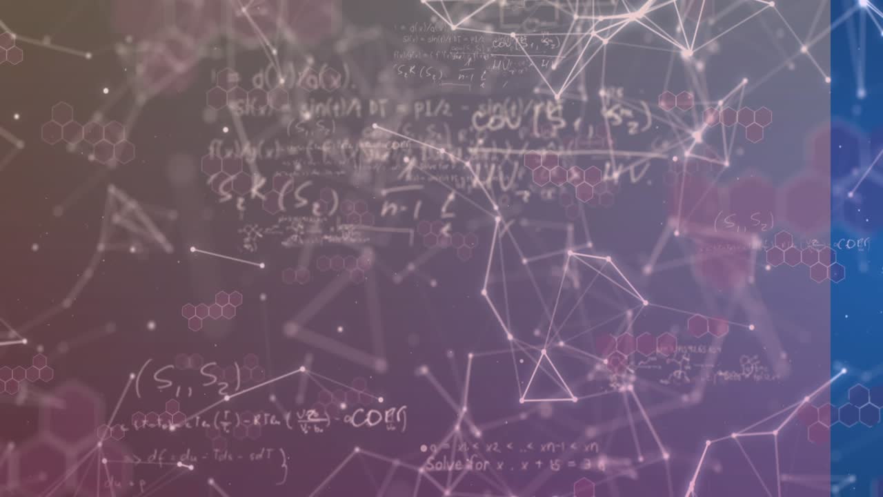 Handwritten equations appearing, node network densifying and shifting, showing tech background