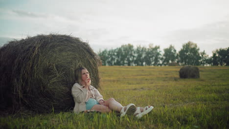 thoughtful woman seated on ground with legs crossed, leaning against a large hay bale in an open countryside field, hand raised as she adjusts her hair