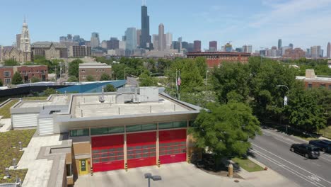 Chicago-Fire-Station,-Aerial-View-with-Skyscrapers-in-Background