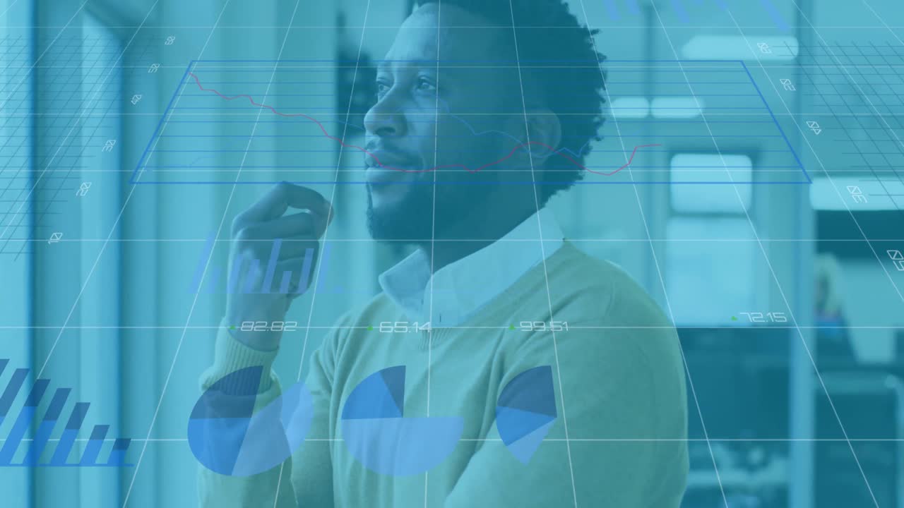 Animation of digital interface showing statistics with man looking through window in an office