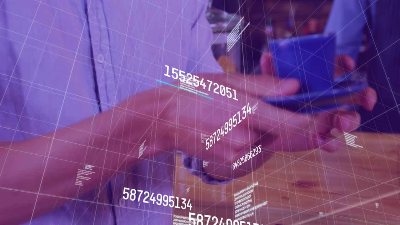 Animation of data processing over biracial man holding cup of coffee