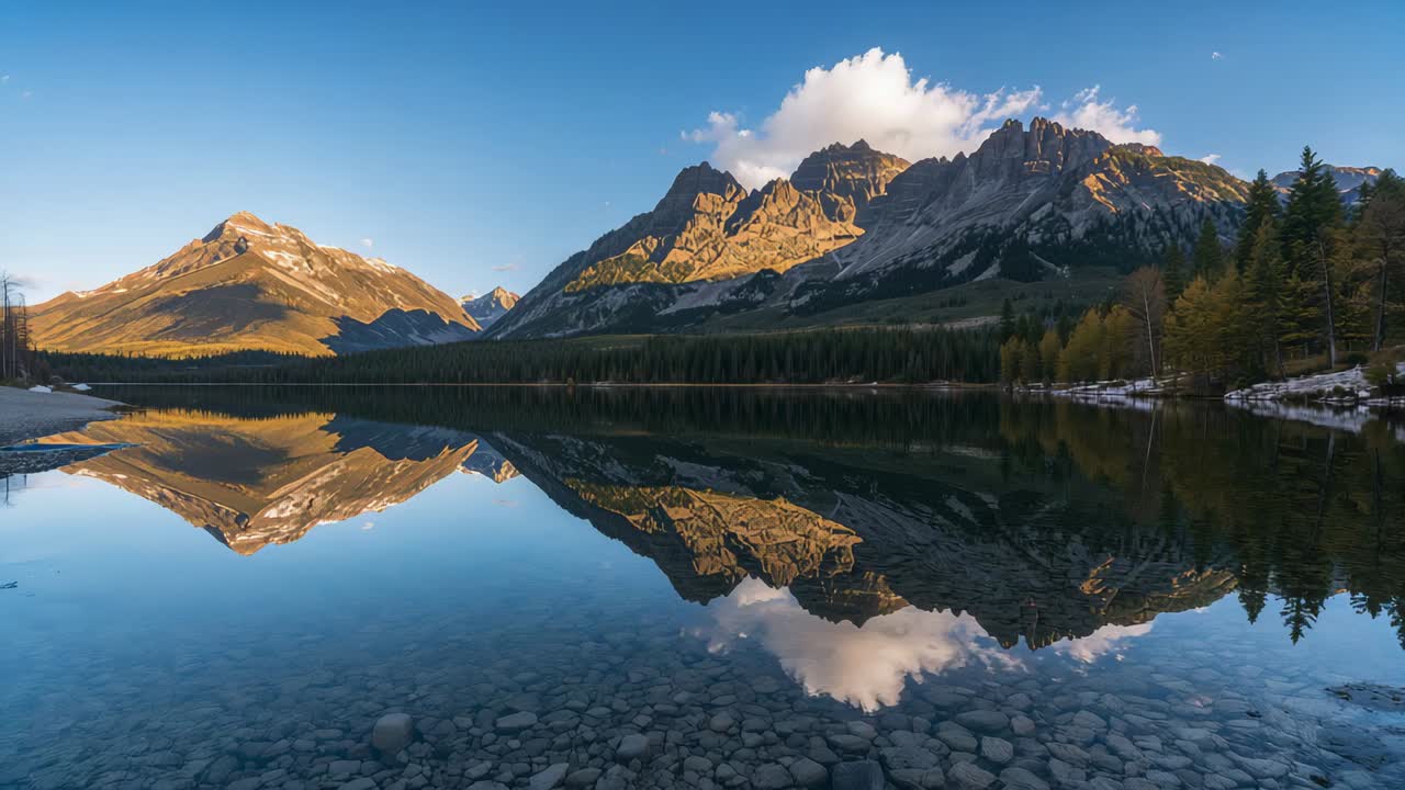 Picchi che si riflettono sul lago alpino, nuvole alla deriva, brezza che increspa l'acqua rivelando le pietre sommerse