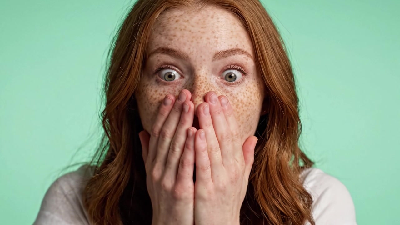 Una Giovane Donna Sorpresa con le Lentiggini Mostra Emozione in Due Fasi: Un Contrasto Ravvicinato di Curiosità Iniziale e Shock Risultante su uno Sfondo Verde Tenue.