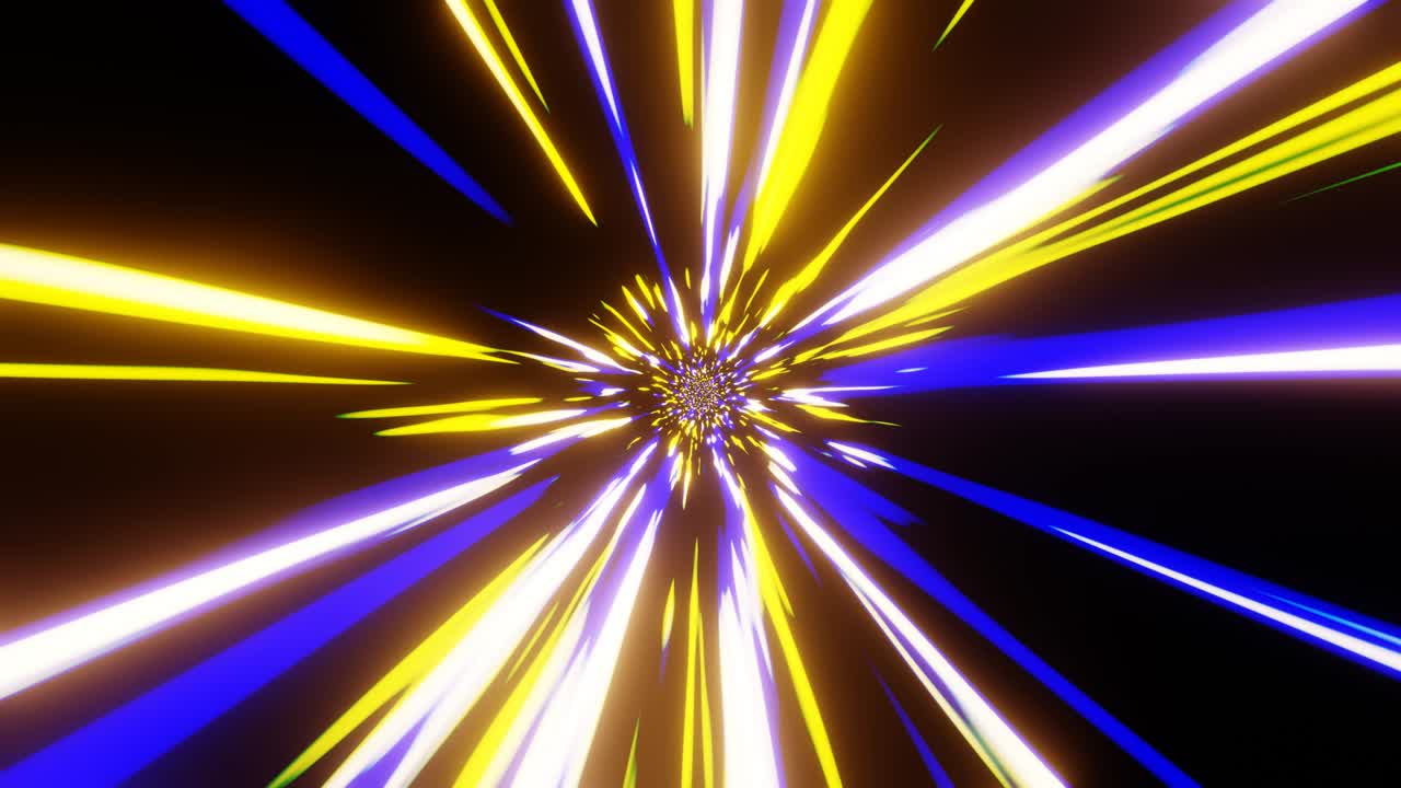 VJ loop blue, yellow and white pulsating rays or beams from the center like lasers, warp color flash effect