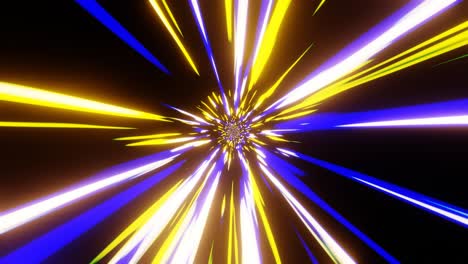 vj bucle azul, amarillo y blanco rayos pulsantes o haces desde el centro como láseres, efecto flash de color de deformación