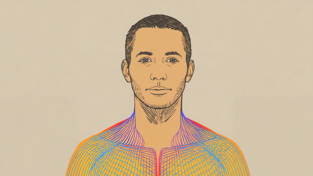 Eine Zoom-Kamera, die einen gezeichneten Mann auf einer beigen Wand näher an Gesicht und Brust heranzoomt und farbenfrohe Linien hervorhebt