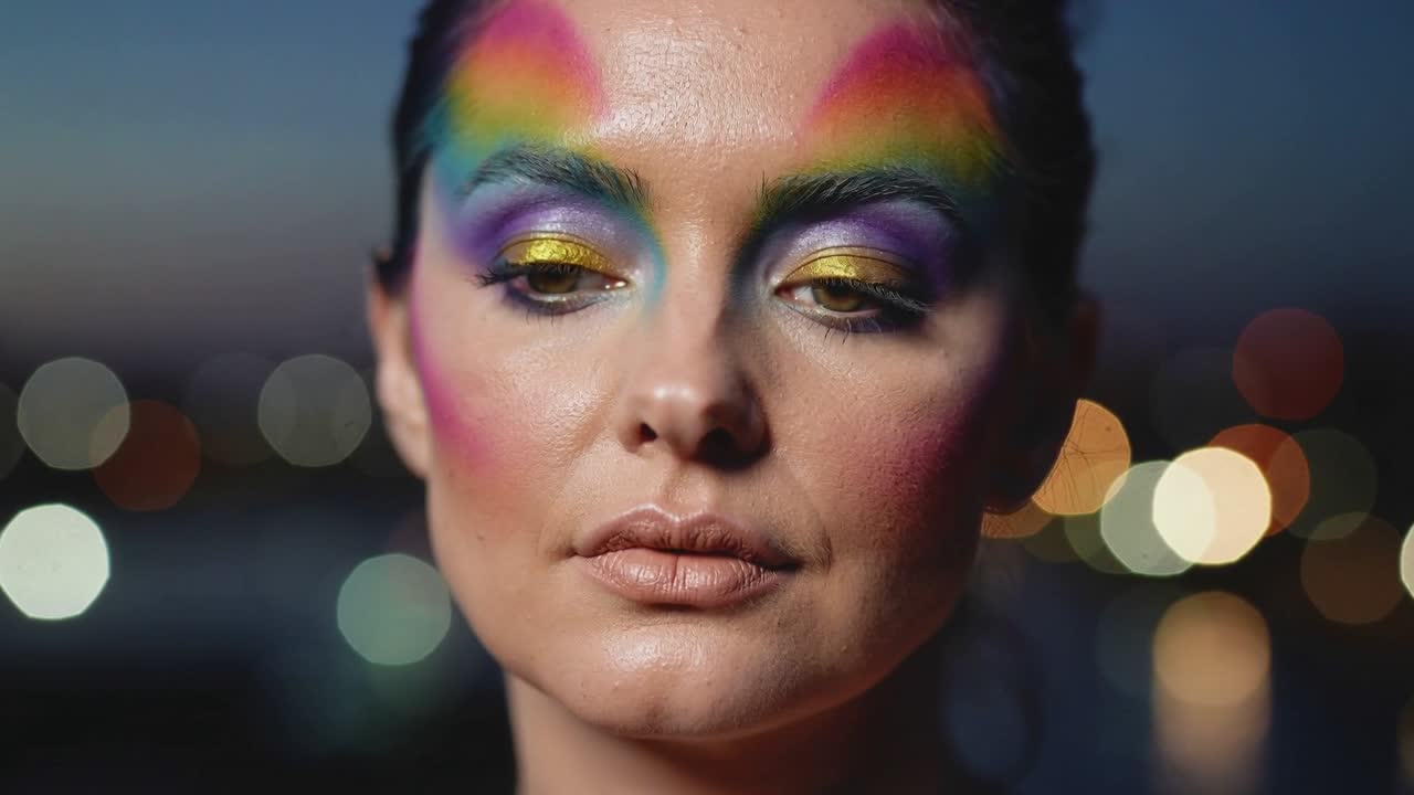 Opening shot showing woman slowly opening eyes then glancing left at dusk harbor, modeling makeup
