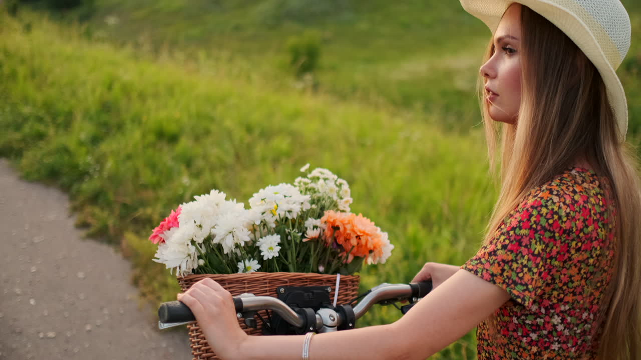 plan atrás en cámara lenta: una hermosa rubia con un vestido con flores en una canasta y una bicicleta retro camina por la carretera en el campo de verano mirando a su alrededor y sonriendo sintiéndose libre.