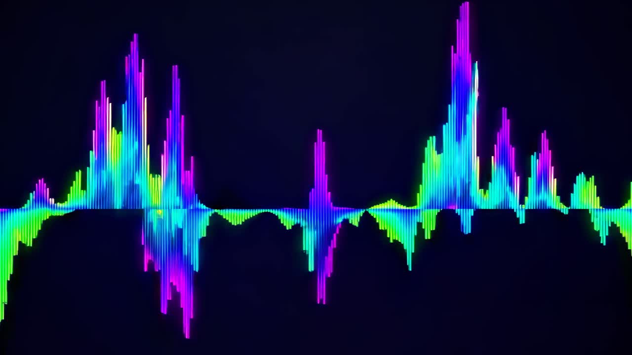 Vibrant audio waveform in neon colors on a dark background, captured from a straight-on angle