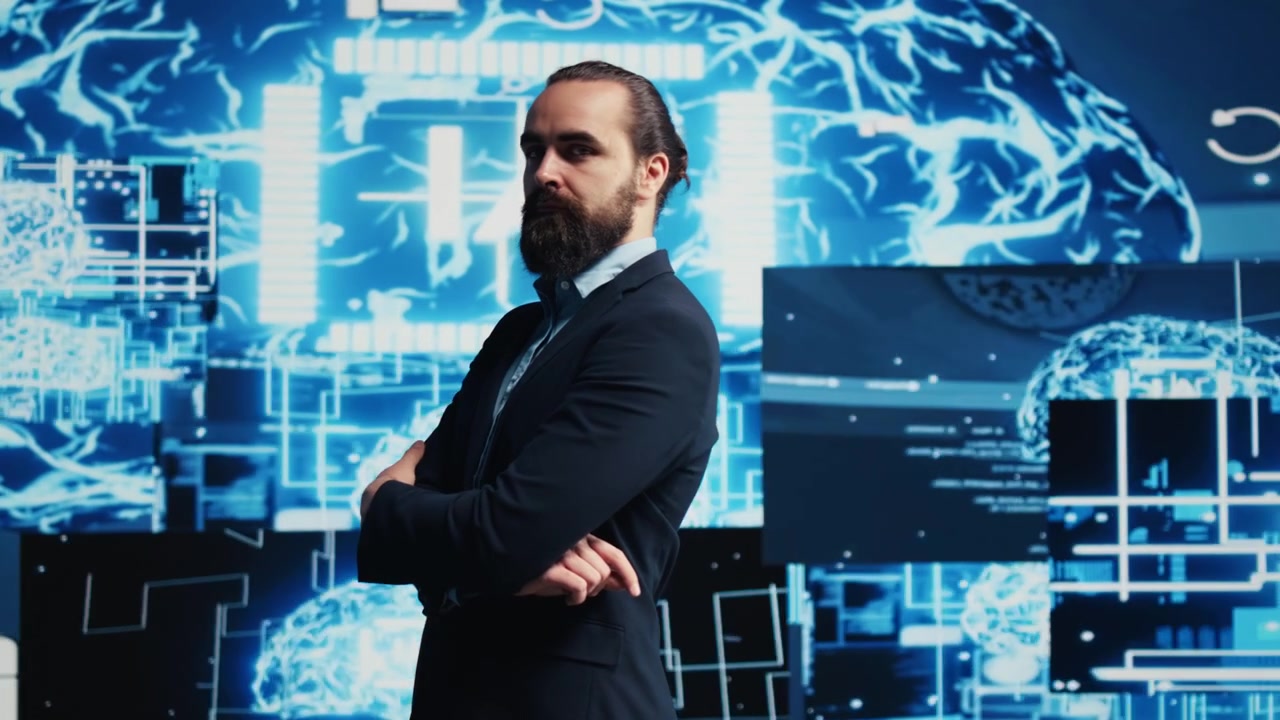 Male entrepreneur explores AI brain systems through deep learning