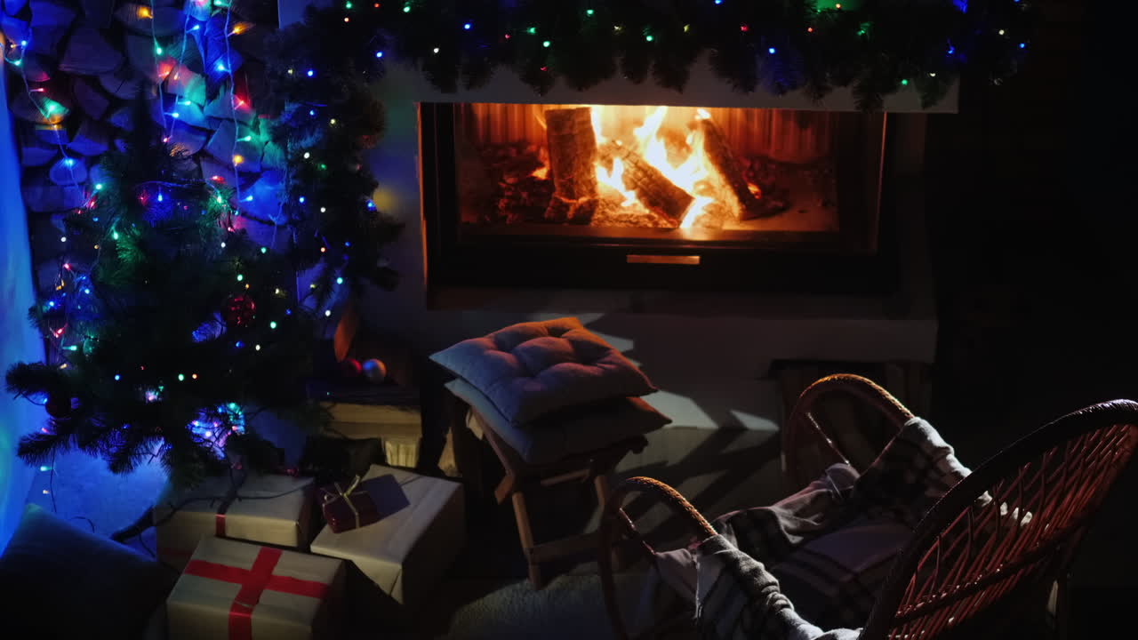 lugar para una cálida noche de invierno - mecedora y vista superior de la chimenea