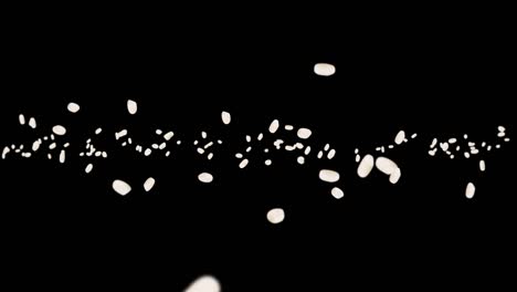 flying many rice on black background. white rice grains. glutinous rice. vegetarian. healthy food. 3d loop animation of rice rotating.