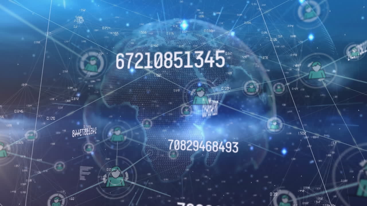Animation of multiple changing numbers, network of profile icons and spinning globe