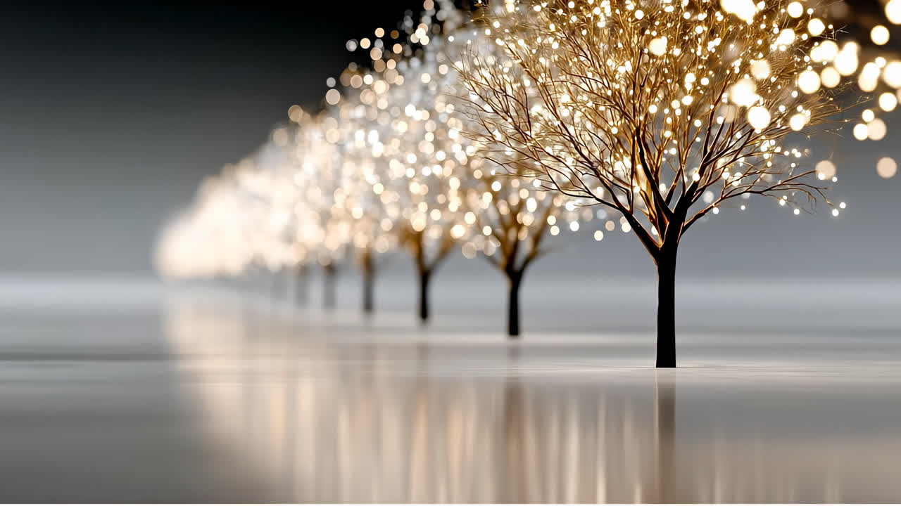 Magical glowing trees by the water. Twinkling trees line the calm water, creating a serene and enchanting evening scene with reflections