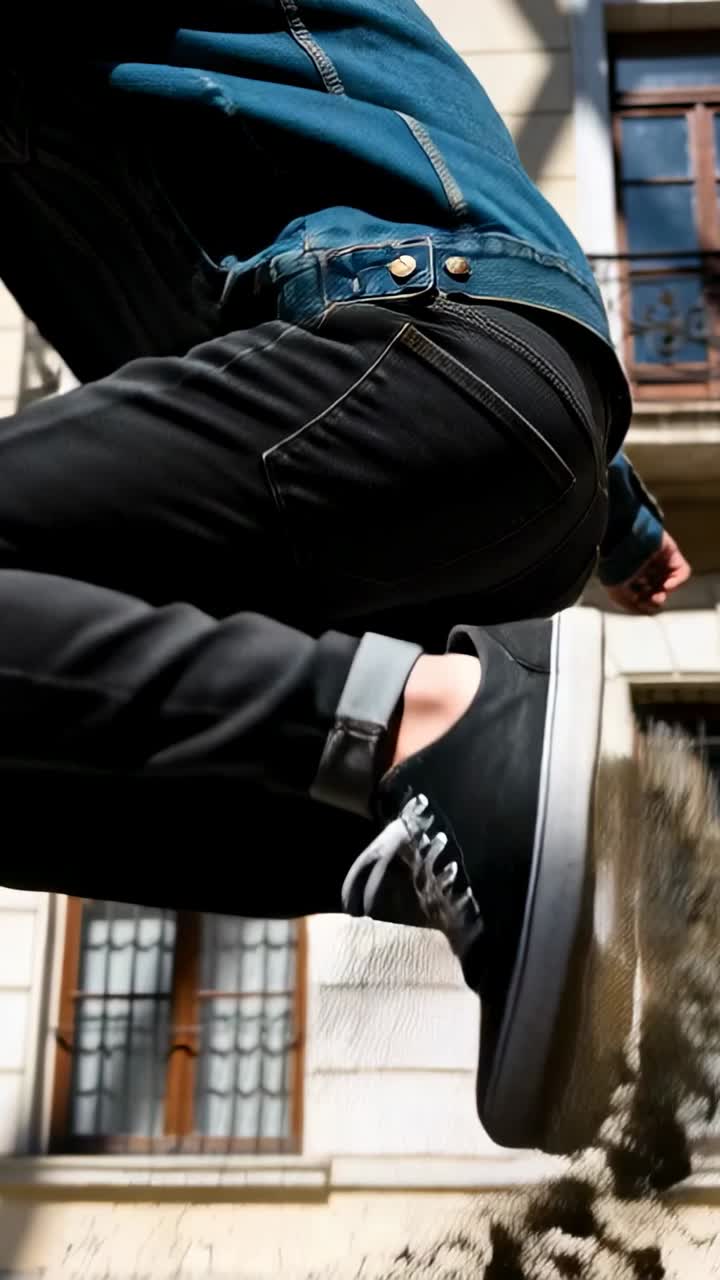 Vertical video: Coming from left, man jumping up swinging denim jacket in courtyard, dust rising
