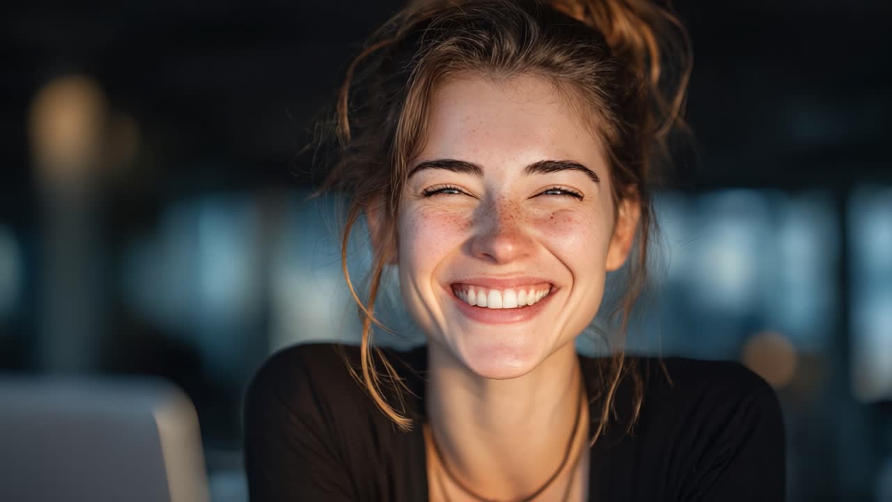 A Joyful Moment Captured: A Young Woman Radiates Happiness with a Bright Smile, Enjoying a Relaxed Atmosphere and a Sense of Contentment in Her Surroundings