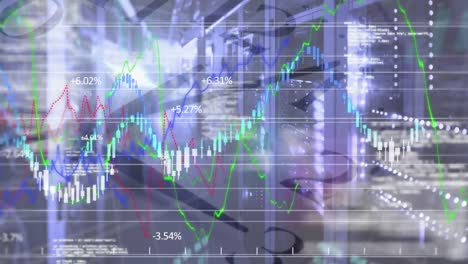 animación de estadísticas con procesamiento de datos y reloj sobre una sala de servidores vacía con parpadeo